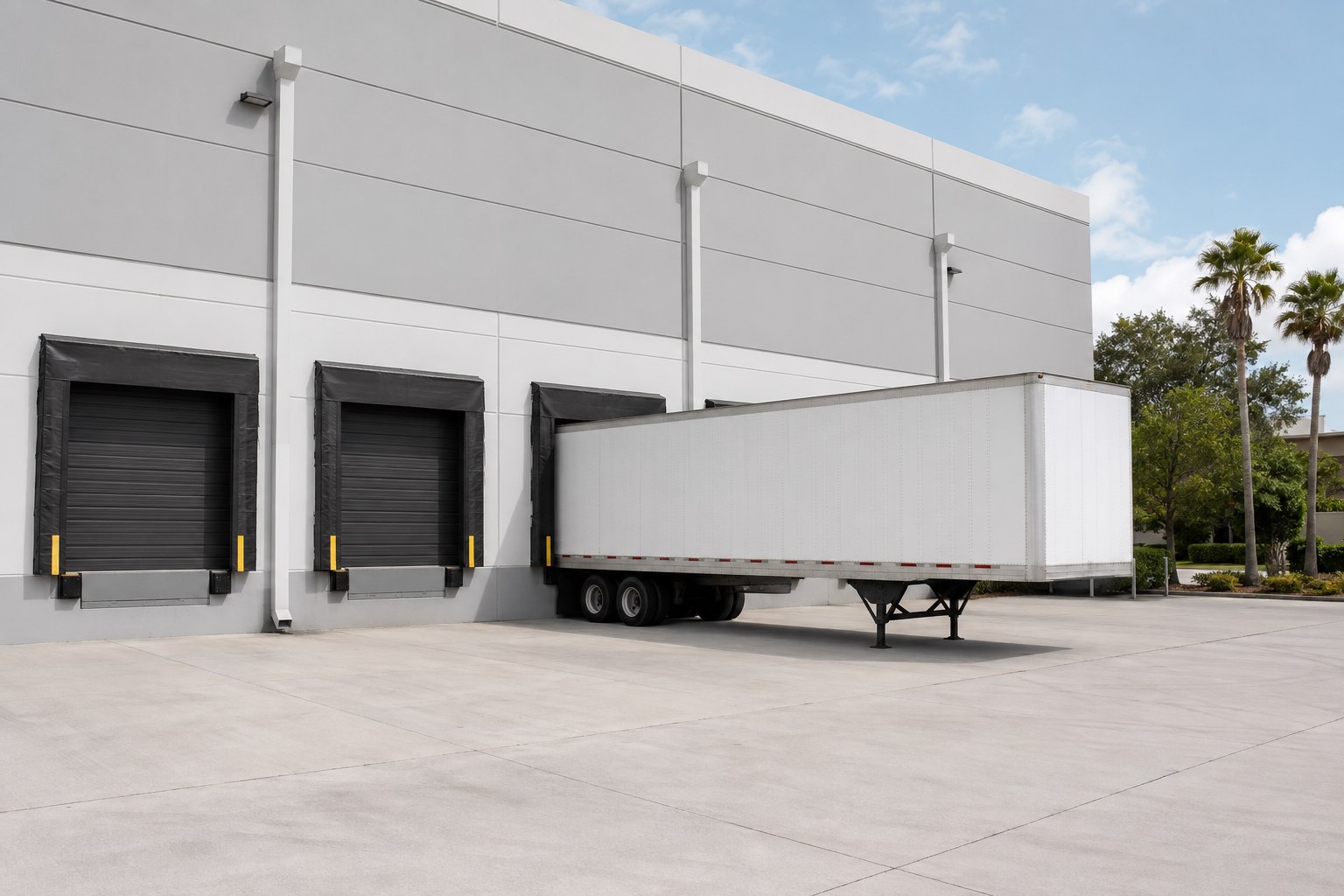 A plain white trailer backed into a modern warehouse loading dock